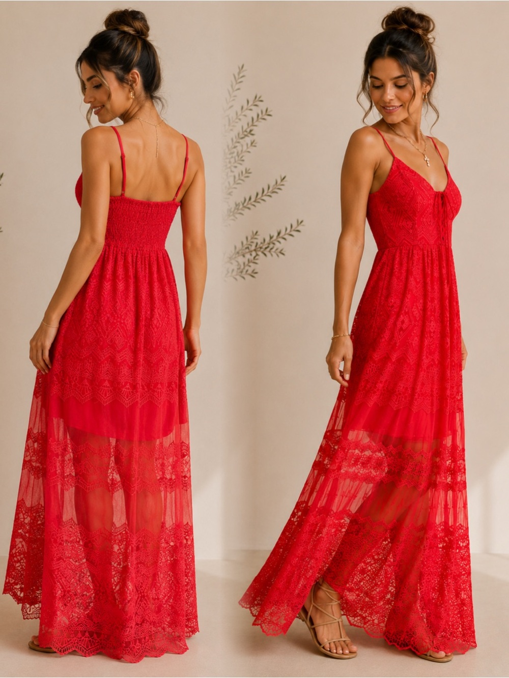 ILLA ILLA Red Lace Maxi Dress with Spaghetti Straps